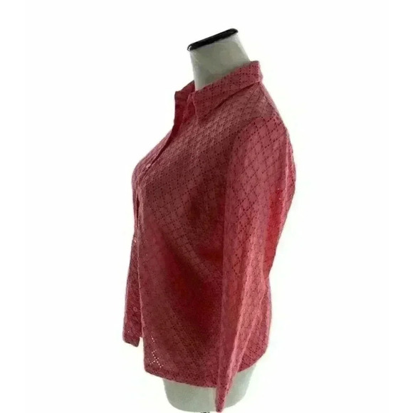 Sigrid Olsen Pink Orange Knitted Button-Up Eyelet Blouse Size Medium Top - Picture 4 of 7